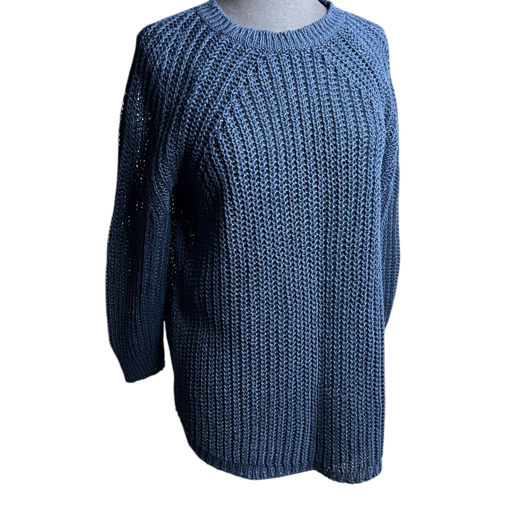 J. Crew Open Knit Navy Blue Cotton Black Label Women's Sweater 3/4 Sleeve M E-3